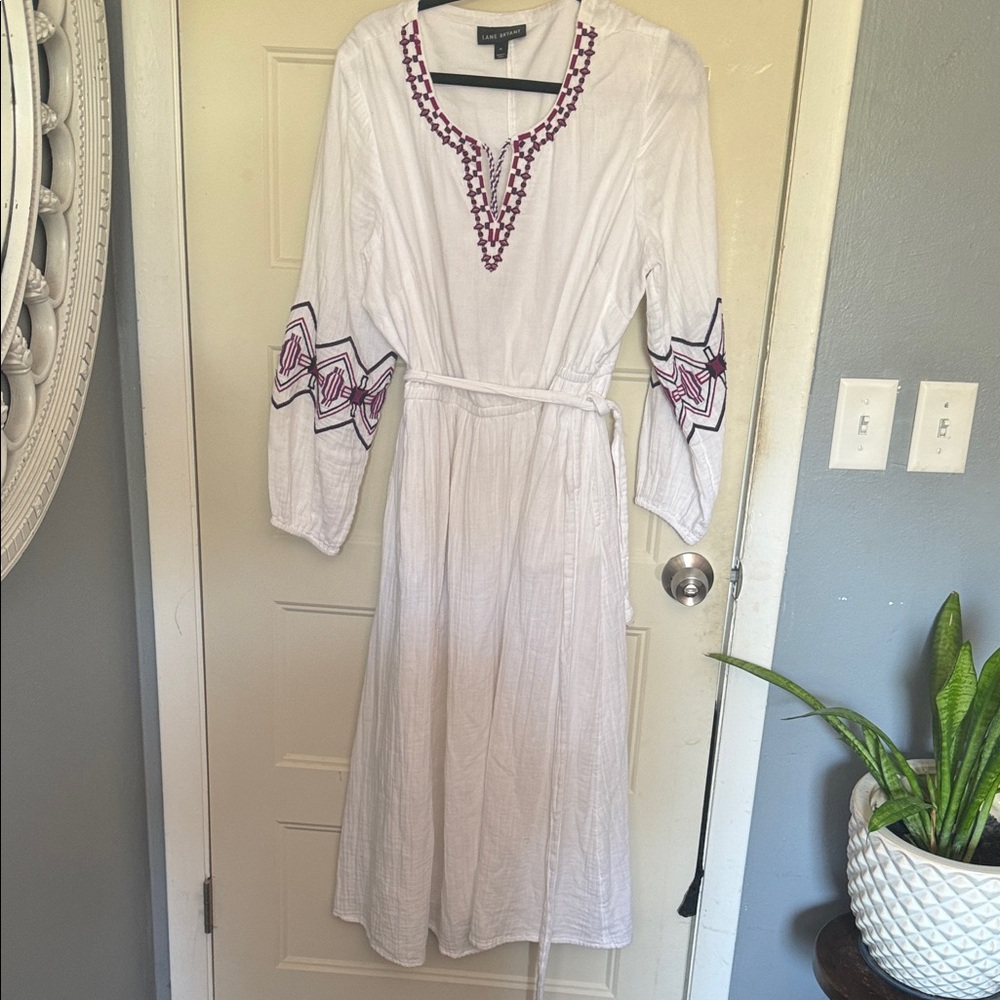 Lane Bryant White Maxi Dress with Pink Embroidery
